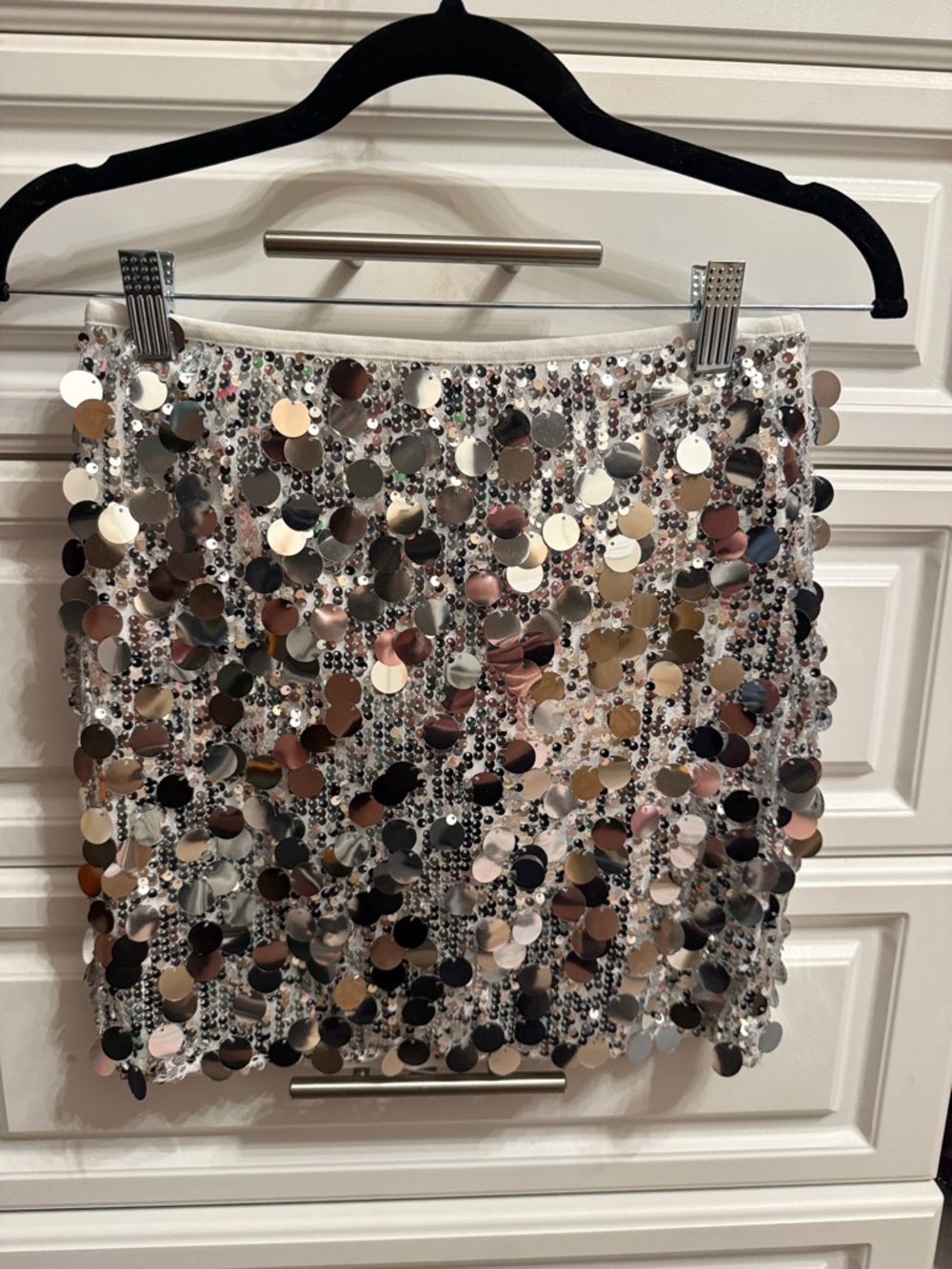 Silver Sequin Mini Skirt with Mirror Disc Embellishments